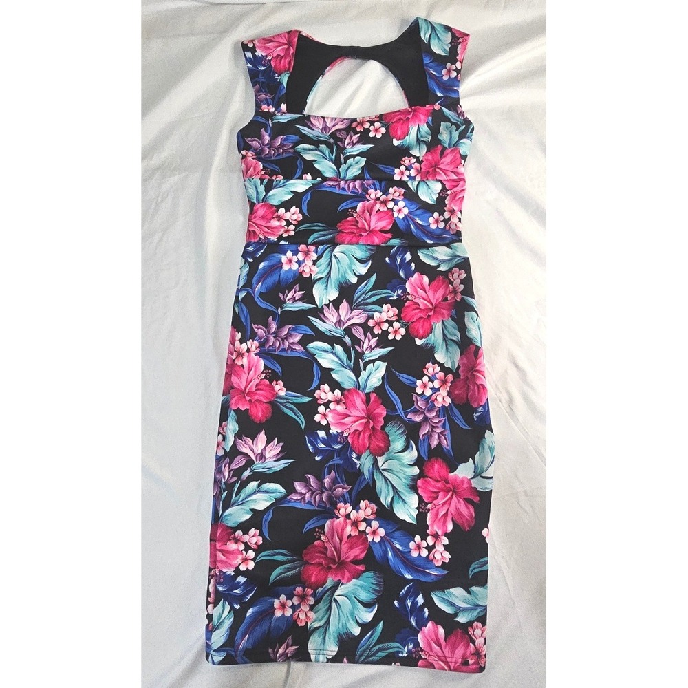 Venus Floral Tropical Hibiscus Sheath Dress Black Pink Blue Size 2 Cutout Back